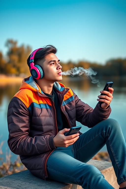 Regenerate the image of a young man sitting by a lake, wearing colorful headphones and a vibrant jacket, holding a phone and a vape pen, with smoke rising, shot with a DSLR camera at f/2.8, 1/200s, ISO 100, natural lighting, focus on the subject with a shallow depth of field for a soft background.