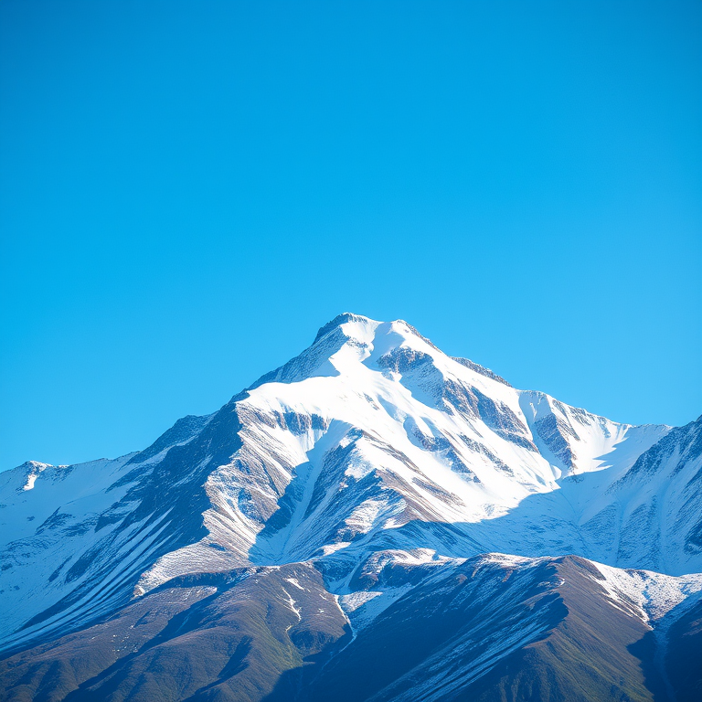 High-resolution image of a snow-capped mountain peak under a clear blue sky, shot with a DSLR camera at 24mm focal length, aperture set to f/8, ISO 100, in landscape orientation with soft lighting and vivid colors.
