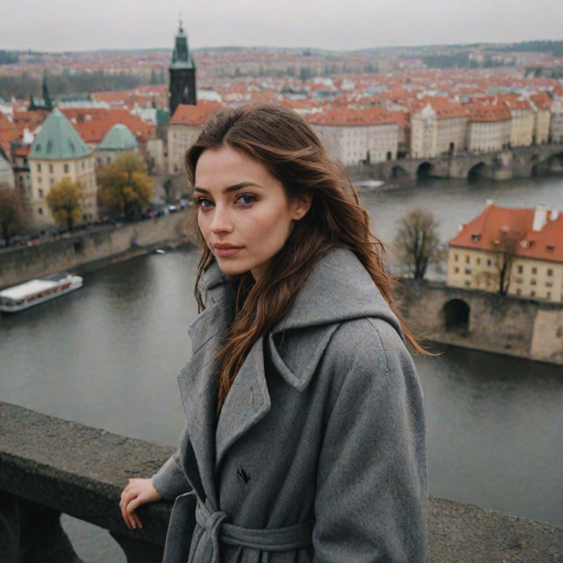 cinematic photo from above, waist up shot, sharp focus, a beautiful woman in foreground, in Prague, at the Charles Bridge, river in background, overcast rainy day, wearing long grey wool coat, warm rich color palette
