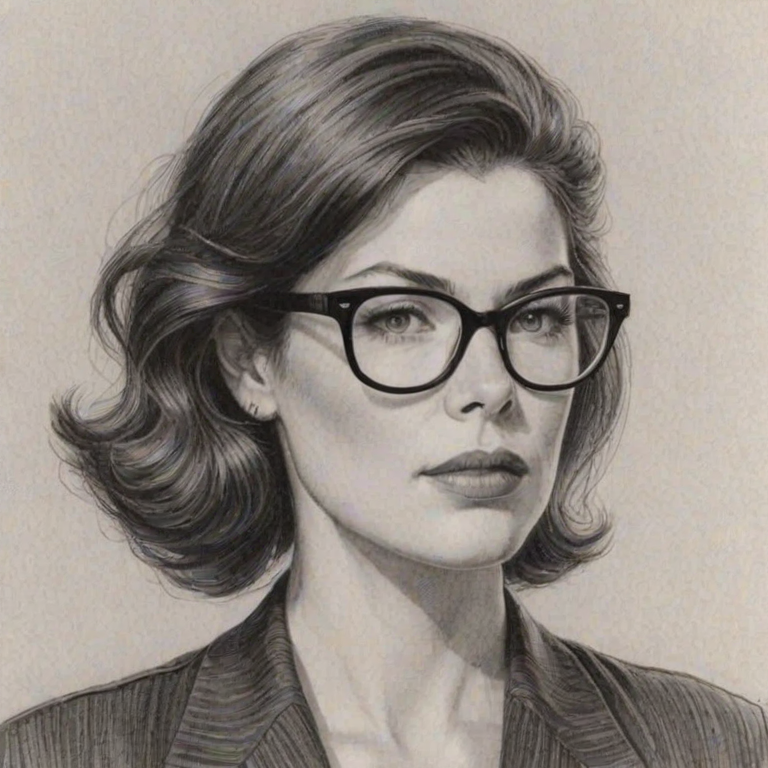 Beauteous Lara Flynn Boyle, pencil sketch, portrait of Enticing woman 1939s in glasses, hair style beatnik, outline, clear lines, fine lines, 8k