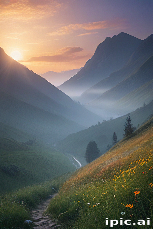 Serene Sunrise Over a Misty Valley Surrounded by Majestic Mountains
