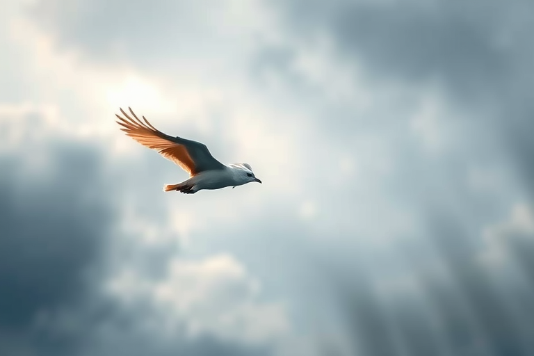 Create a high-resolution image of a soaring bird in a dramatic sky, focusing on dynamic wing movements, with soft watercolor texture and gradients, captured using a Canon EOS R5 at f/4, 1/500s, ISO 100, in a vertical composition with a shallow depth of field.