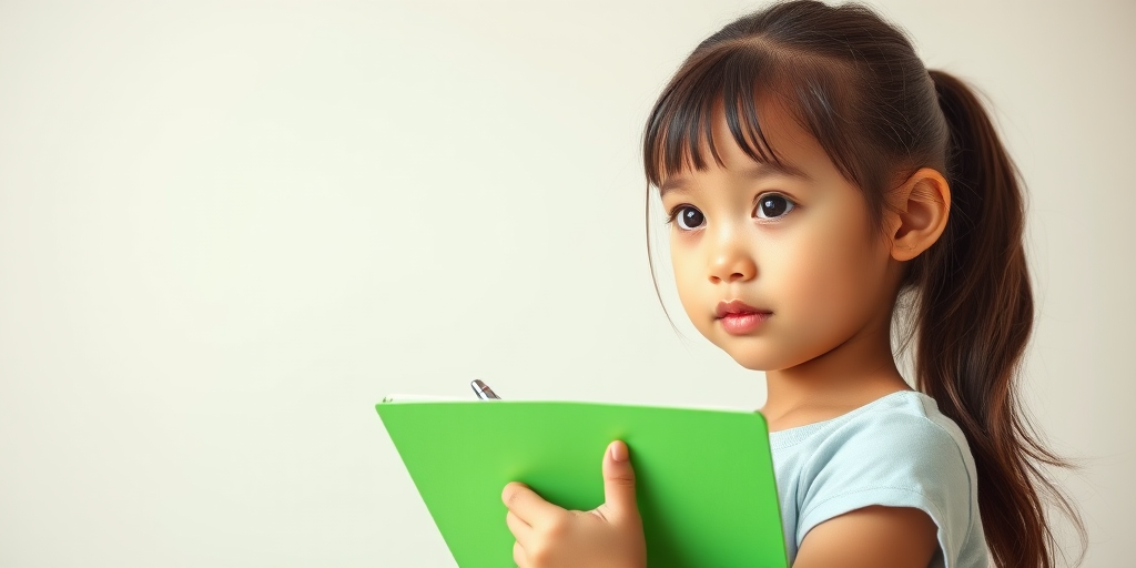 A young girl holding a green notebook and a pen, looking thoughtful, with a plain light-colored background, shot with a Canon EOS R5, 50mm lens, f/2.8 aperture, ISO 100, natural light, portrait orientation.