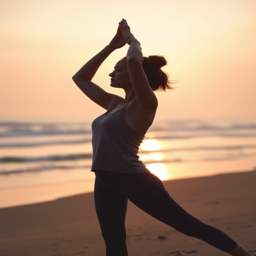 Soft-focus image of a woman practicing yoga on a sandy beach at sunrise, her silhouette framed against the soft pastel colors of the sky, gentle waves lapping at the shore.