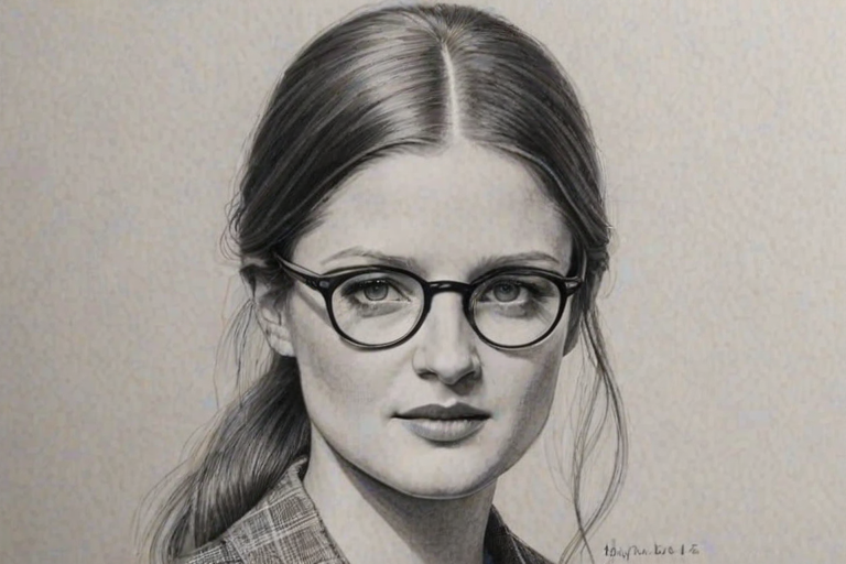 Fascinating Bonnie Wright, pencil sketch, portrait of Exquisite woman 1921s in glasses, hair style beatnik, outline, clear lines, fine lines, 8k
