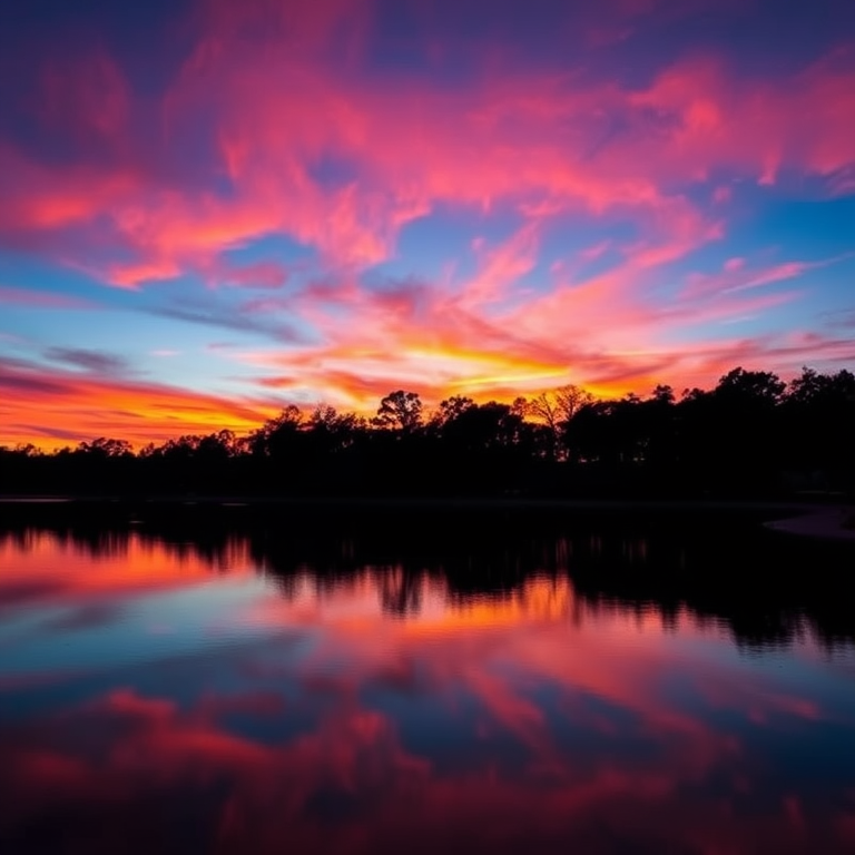 Create a vibrant sunset over a calm lake reflecting the colors of the sky, with silhouetted trees on the shoreline, shot with a Canon EOS R5 using a 24-70mm f/2.8 lens, aperture set to f/8, ISO 100, and a shutter speed of 1/100 sec, in a landscape orientation for enhanced detail and clarity.