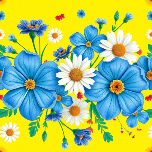 Generate a seamless floral pattern featuring blue flowers, white daisies, and colorful accents on a bright yellow background, using a macro lens with a shallow depth of field at f/2.8, ISO 100, and 1/250s shutter speed, capturing vibrant colors and intricate details in high resolution.