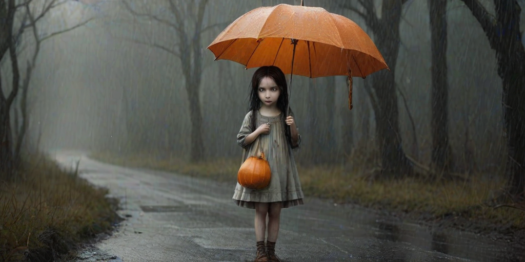 An eerie, weird little girl with dark hair in thin pigtails, wearing a smock dress, standing in the rain, holding a dirty orange umbrella, a small, odd creature beside her. In a surreal style inspired by Nicoletta Ceccoli and Brian Froud. Dark fantasy themes