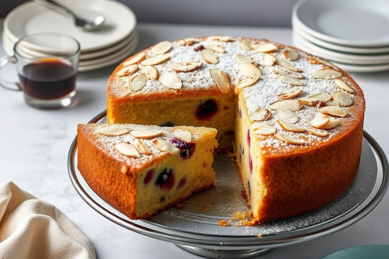 A beautifully baked almond cake topped with sliced almonds and powdered sugar, with a slice removed revealing a moist interior filled with berries, set on a round metal cake stand, accompanied by a small glass of black coffee and a stack of plates in the background.
