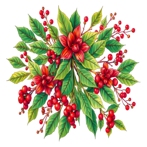 Create a vibrant illustration of various holiday foliage including holly, mistletoe, and berries, using bright colors and clear lines, captured with a DSLR camera at f/4 aperture, 50mm lens, and natural light for enhanced detail and contrast.