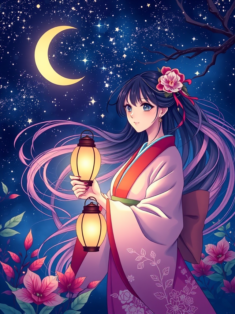 Create an illustration of a woman in traditional Japanese attire holding a lantern, with flowing hair blending into a night sky filled with stars and a crescent moon, surrounded by vibrant leaves and plants, shot with a 50mm lens at f/2.8, ISO 100, and a soft focus effect for an artistic, dreamy quality.