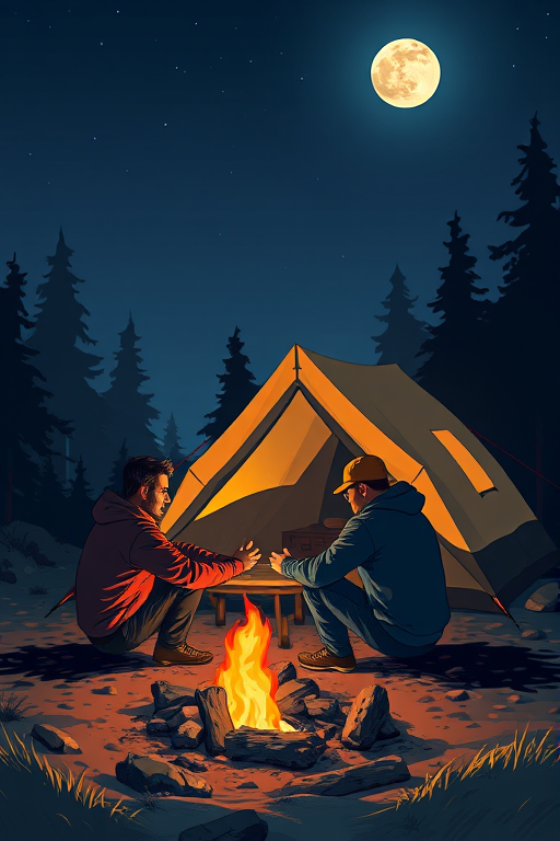 Create an illustration of two men sitting around a campfire in front of a tent at night, with a clear moonlit sky, using a digital painting style, wide-angle lens, f/8 aperture, and high-resolution settings for enhanced image clarity.