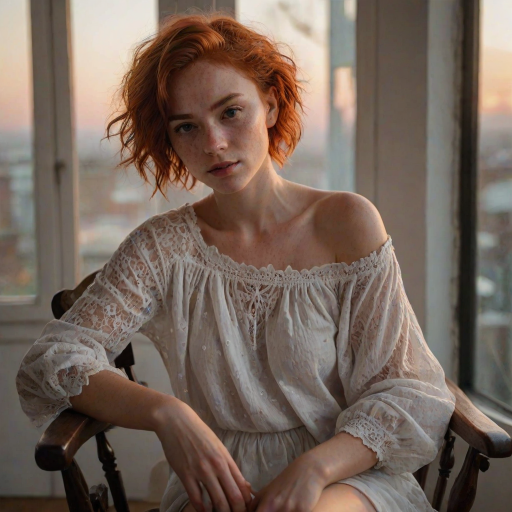 young woman, short messy red hair, light freckles, beautiful face, wearing a loose white cotton lace shirt ,  portrait photo,  posing for a picture in a chair with her hands in her lap, Ayshia Ta k n, parted lips, round cleavage, collarbone, bare shoulders, natural light, a portrait, art nouveau, sunset light through a window, darkly lit, shadows across face