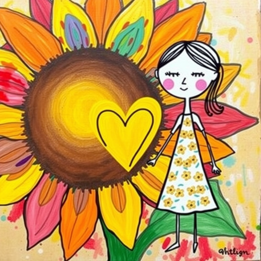 Stylized impressionism painting of a large sunflower with an oversized center and colorful petals. Beside, a young female character with eyes represented by dots and a mouth by a line, pink cheeks, hair attached, arms and legs a black line, flowery white dress triangle shape. A yellow heart surrounded by a black line between the two. Textured background with touches of colorful paint. Childish style.