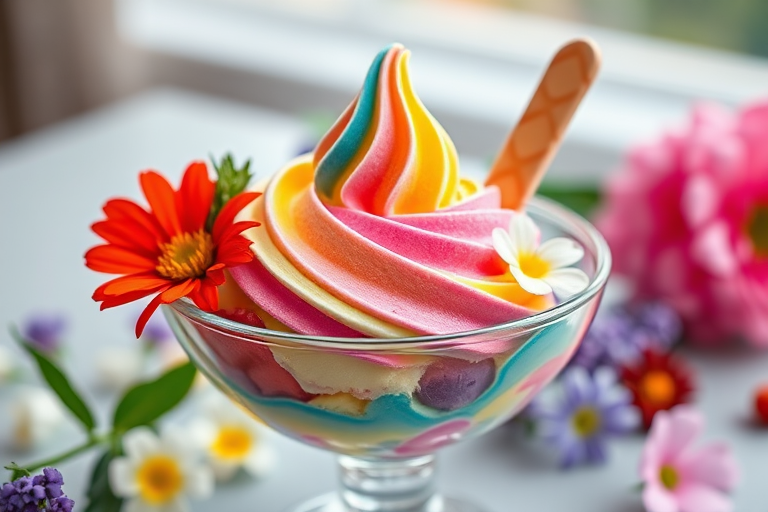 Create a high-resolution image of a colorful swirl ice cream cone in a glass dish, decorated with edible flowers and fresh fruits, shot with a Nikon D850 camera, 50mm f/1.8 lens, ISO 100, aperture f/2.8, soft natural lighting, and a shallow depth of field for a dreamy effect.