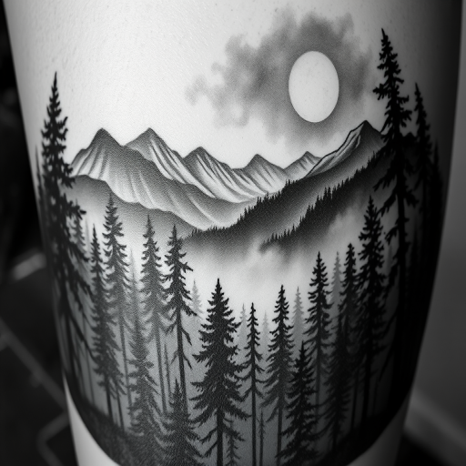 Photorealistic black and gray tattoo portraying a detailed forest scene with misty mountains and a moonlit sky, emphasizing light and shadow, dubbed "Ethereal Wilderness"