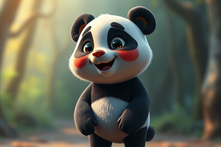 cartoon panda character standing and smiling, high-resolution, 50mm lens, f/2.8 aperture, soft focus background, dramatic lighting, shot with a digital camera