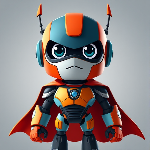 Create a high-resolution cartoon image of a superhero robot character, using a 50mm lens, f/2.8 aperture, ISO 100, soft studio lighting, in a front-facing view with a slight three-quarter angle, ensuring vibrant colors and clear outlines for a playful and dynamic appearance.
