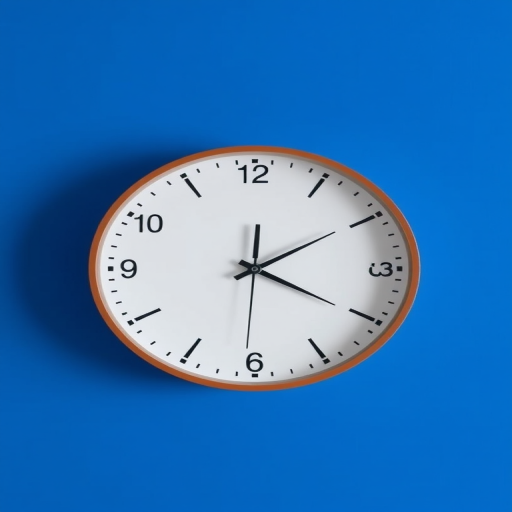 Create a high-resolution image of a round wall clock with a minimalist design on a vibrant blue background, using a Canon EOS R5 with a 50mm f/1.8 lens, aperture set to f/2.8, ISO 100, and a slight vignette effect for depth.