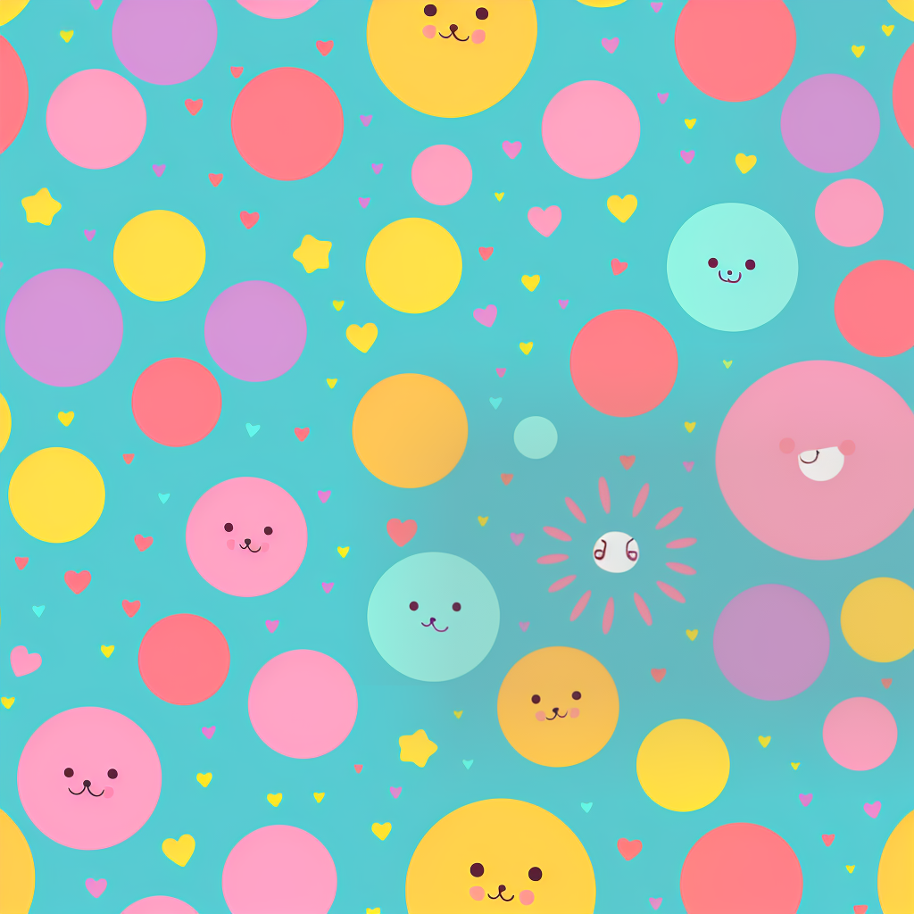 Cheerful Pattern of Colorful Circles with Cute Faces and Hearts