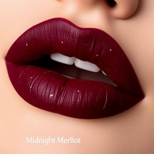 Matte burgundy lips with gold flecks, called "Midnight Merlot," boast a long-lasting formula and a rich, deep color that complements all skin tones