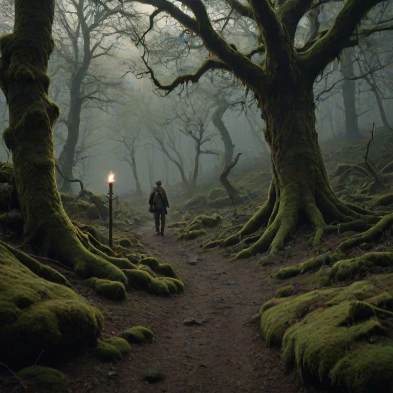 A lone explorer walking on a stone path in the forest, with a gnarled tree with sparse leaves on the left and a dense grove covered in moss and vegetation on the right. In the distance, a figure holding a torch, dressed in dark clothes, is barely visible in the dim light. The scene is enveloped in a quiet and mysterious atmosphere, evoking a sense of venturing into the unknown. High quality image, intricate details, sharp focus, dramatic lighting, photorealistic painting style.