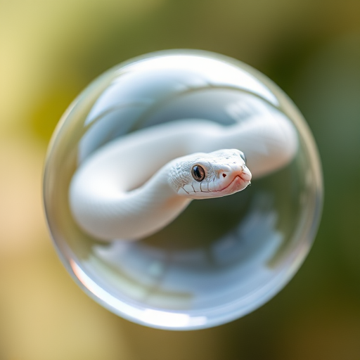 white snake inside a transparent bubble, macro lens, f/2.8 aperture, ISO 100, 100mm focal length, soft focus background, natural soft lighting, high-definition detail