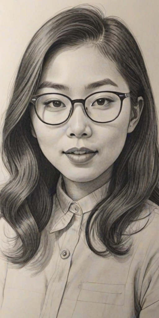 Comely Awkwafina, pencil sketch, portrait of Charming woman 1951s in glasses, hair style beatnik, outline, clear lines, fine lines, 8k