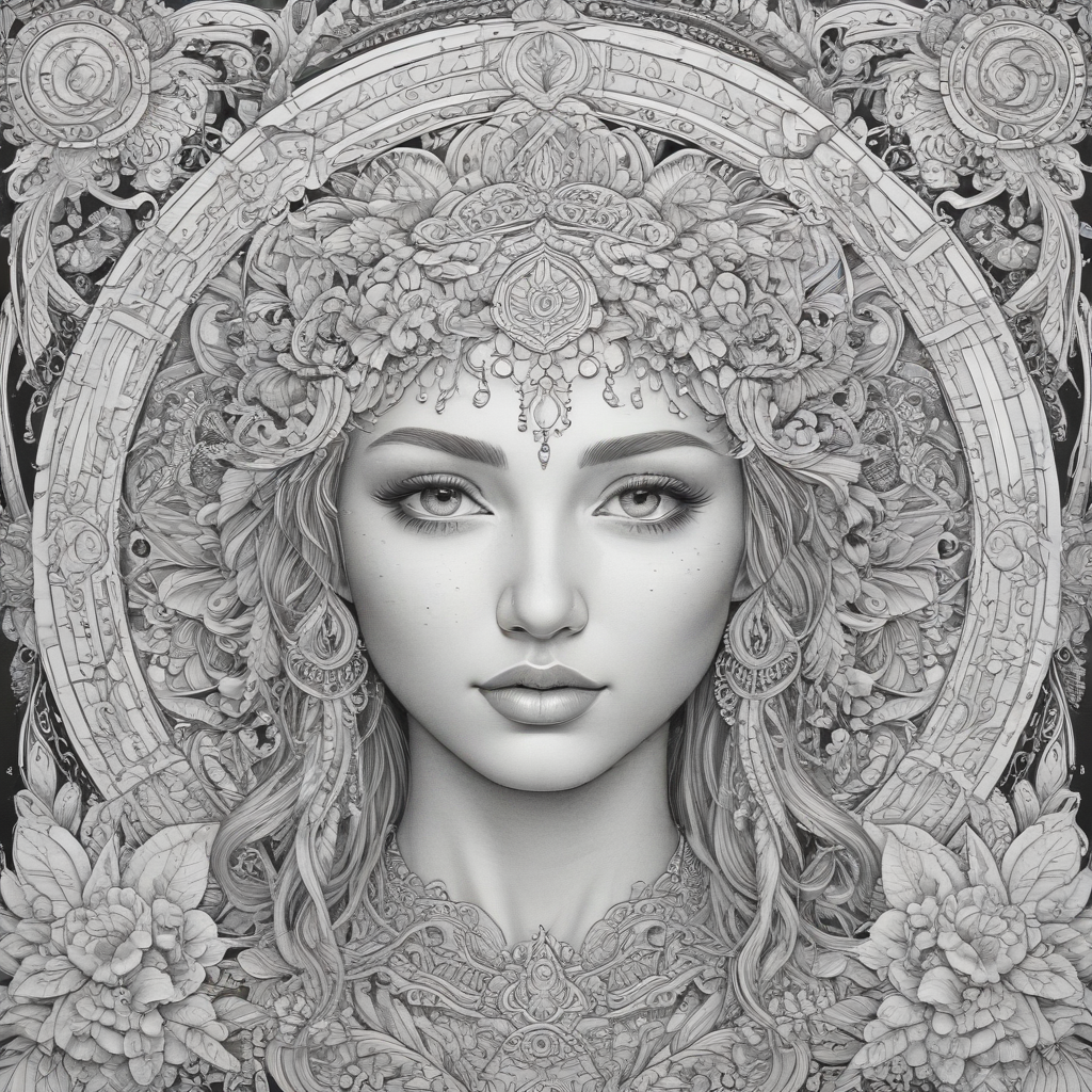 Intricate Black and White Portrait of a Woman Surrounded by Floral Patterns