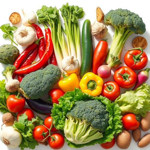 Create a vibrant, high-resolution illustration of assorted vegetables including garlic, chili peppers, turnips, broccoli, eggplant, cucumber, yellow bell pepper, tomatoes, lettuce, radishes, and potatoes, featuring a bright white background, captured with a Canon EOS R5, 50mm lens, f/2.8 aperture, ISO 100, with natural lighting to enhance colors and details.