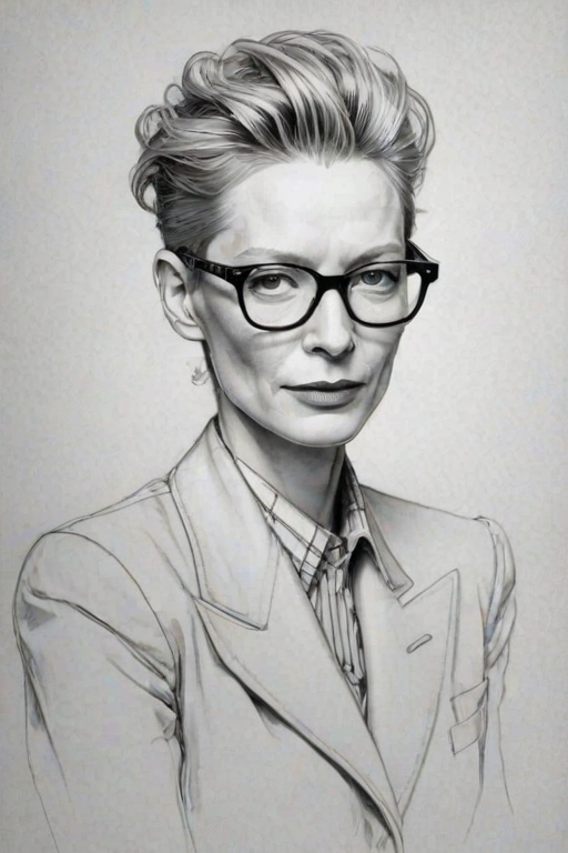Elegant Tilda Swinton, pencil sketch, portrait of Enticing woman 1941s in glasses, hair style beatnik, outline, clear lines, fine lines, 8k
