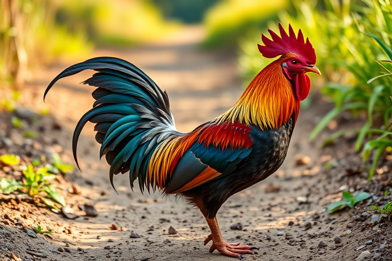 Regenerate an image of a vibrant rooster standing on a dirt path with a shallow depth of field, using a DSLR camera with a 50mm lens at f/2.8, ISO 200, shutter speed 1/500s, natural light for enhanced detail and color saturation.