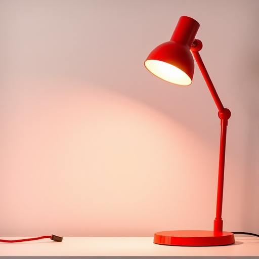 Create a high-resolution vector image of a red desk lamp with an adjustable arm, illuminated from above, with a focus on vibrant colors and smooth shading, using a Canon EOS 5D Mark IV, 50mm f/1.8 lens, ISO 100, f/8 aperture, and natural lighting.