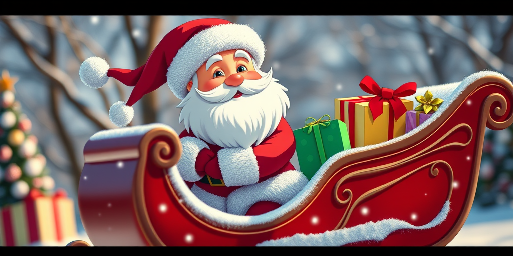 Create a vibrant cartoon image of Santa Claus in his sleigh filled with presents, using a 50mm lens at f/2.8, with a shallow depth of field to focus on Santa, in a bright outdoor setting with soft, diffused lighting, captured using a DSLR camera.