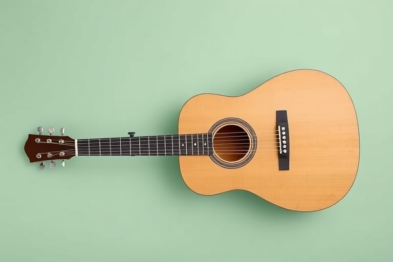 A high-resolution photo of an acoustic guitar on a pastel green background, taken with a Canon EOS R camera, 50mm lens, aperture f/2.8, ISO 100, and soft diffused lighting.