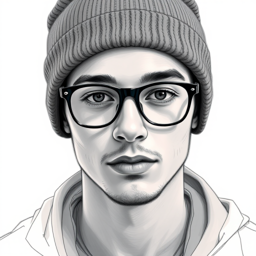 create a detailed digital sketch of a young man in a beanie and glasses, with a focus on clean lines and soft shading, using a Canon EOS 5D Mark IV, 50mm lens, f/1.8 aperture, ISO 200, in portrait mode for enhanced sharpness and depth of field.