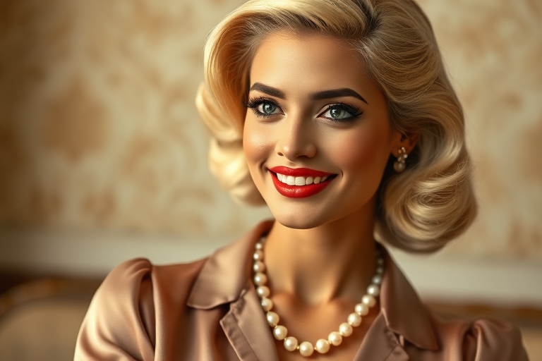 A beautiful Pakistani woman reminiscent of 1950s Hollywood glamour, with perfectly styled blonde hair and a seductive smile, dressed in a satin blouse and adorned with pearls, soft and warm tones, photorealistic, 8K