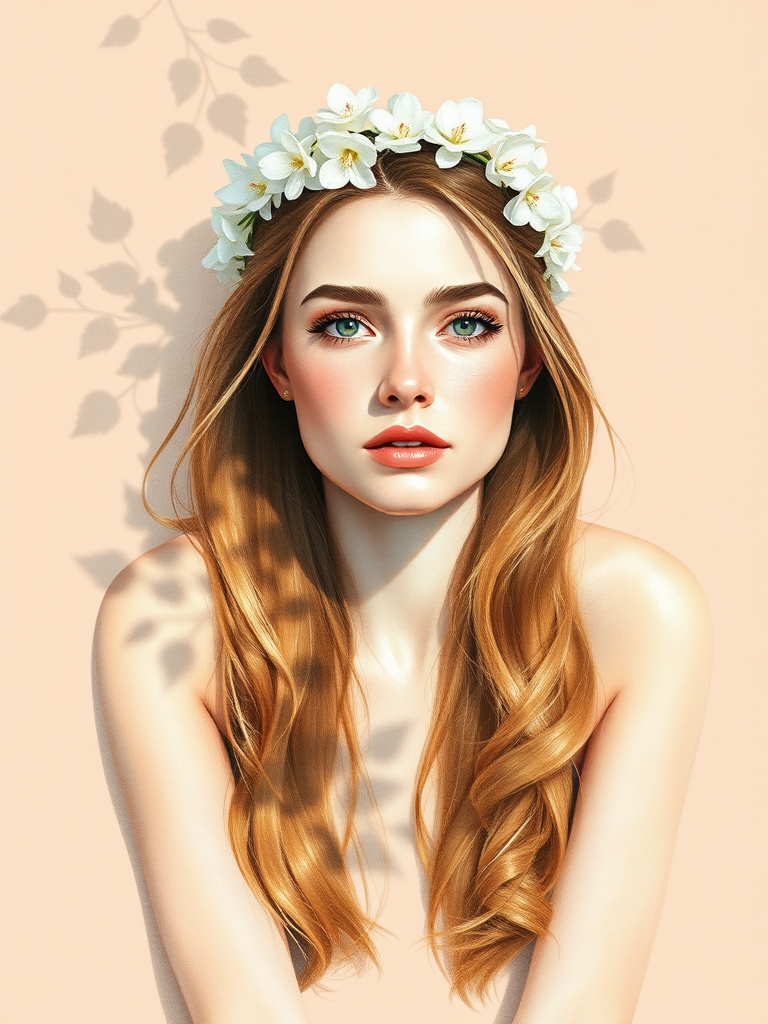 create a watercolor painting of an ethereal portrait of beautiful Caucasian woman with a simple white flower crown on her head. Her hair is long and she is lying on the ground. The sunlight on the trees casts shadows from the leaves on her face and body. The background is a neutral brown color that matches her skin tone. The image is minimalist and solid colors. This style is characterized by soft, delicate brushstrokes and a light, airy, contrasting color palette. High level of detail and play of light