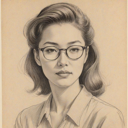 Beauteous Eleanore Matsuura, pencil sketch, portrait of Captivating woman 1944s in glasses, hair style beatnik, outline, clear lines, fine lines, 8k