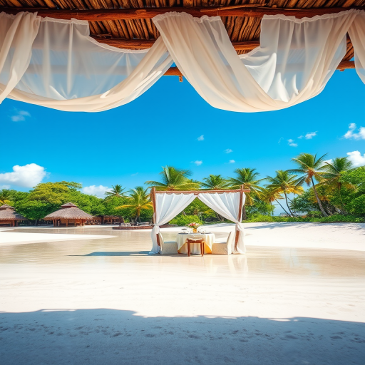 Create a picturesque tropical beach scene featuring a serene, white sandy shore. In the foreground, there's a rustic wooden canopy with white drapes gently flowing in the breeze. Underneath the canopy, a table is set with tropical decor, evoking a sense of relaxation and leisure. The beach extends into a calm, shallow water area with reflections of the sky and surroundings. Palm trees and lush greenery line the edge of the beach, providing a natural, tropical backdrop. The sky is clear with a few scattered clouds, and the overall atmosphere is tranquil and inviting, perfect for a peaceful retreat.