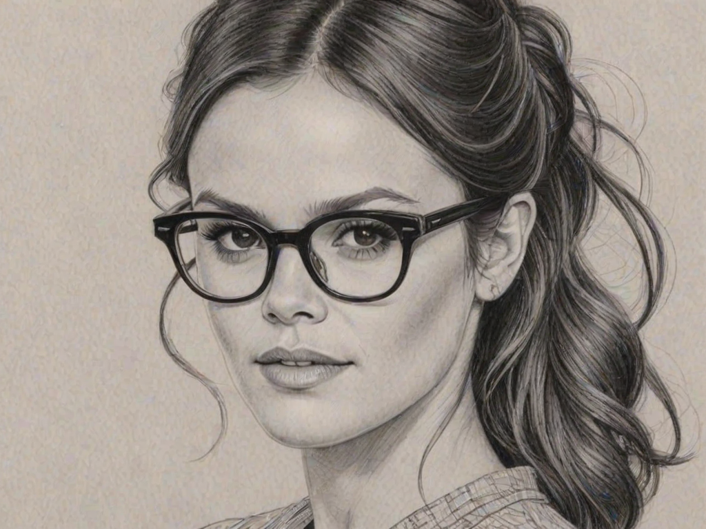 Enchanting Rachel Bilson, pencil sketch, portrait of Stunning woman 1956s in glasses, hair style beatnik, outline, clear lines, fine lines, 8k