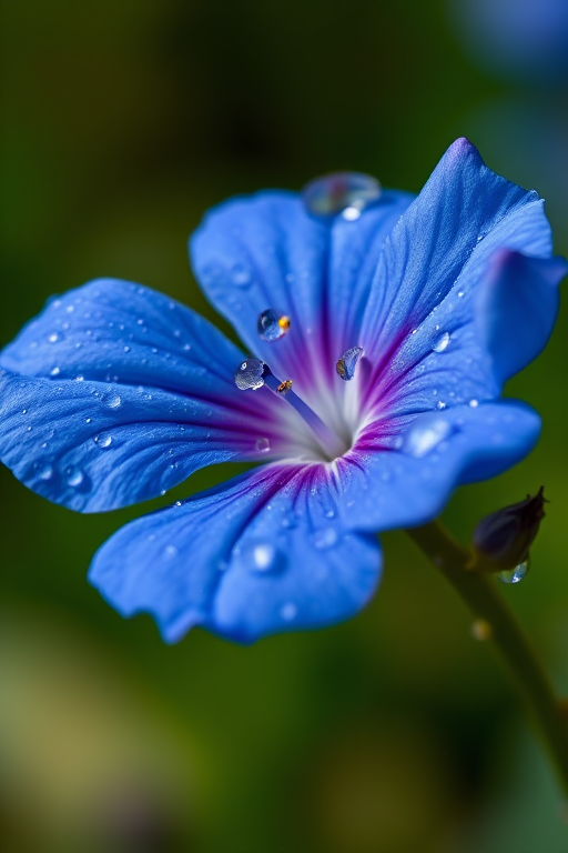 macro photo of a blue flower with dew drops on petals and buds, shot at f/2.8 for shallow depth of field, ISO 100 for clarity, using a 100mm macro lens, taken from a low angle to emphasize details, natural soft lighting for enhanced colors