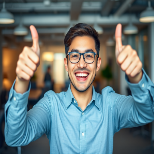A cheerful person giving two thumbs up in a well-lit office with soft focus background, aperture f/2.8, shutter speed 1/60 sec, ISO 100, shot with a DSLR camera in portrait mode.