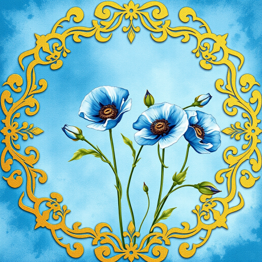 a Beautiful filigree gold and light blue patchwork background with in it a square block with blue grunge background, on the site an amazing Himalayan blue poppies flowers, petals, ribbon, watercolor effect
