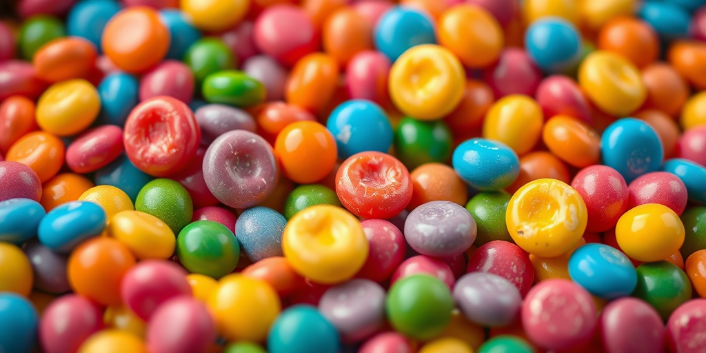 Create an image of various colorful candies in playful arrangements, vibrant colors, high contrast, soft lighting, macro view, DSLR camera, f/2.8 aperture, 50mm lens, ISO 100.
