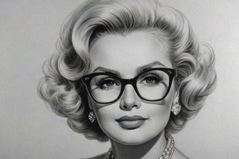 Magnificent Zsa Zsa Gabor, pencil sketch, portrait of Enticing woman 1942s in glasses, hair style beatnik, outline, clear lines, fine lines, 8k