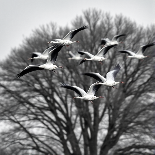 Capture a monochrome image of cranes in flight against a blurred tree backdrop using a Canon EOS R5 with a 100mm f/2.8 lens, aperture f/5.6, ISO 400, shutter speed 1/1000s, focusing on sharpness and clarity with a slight vignette for artistic effect.