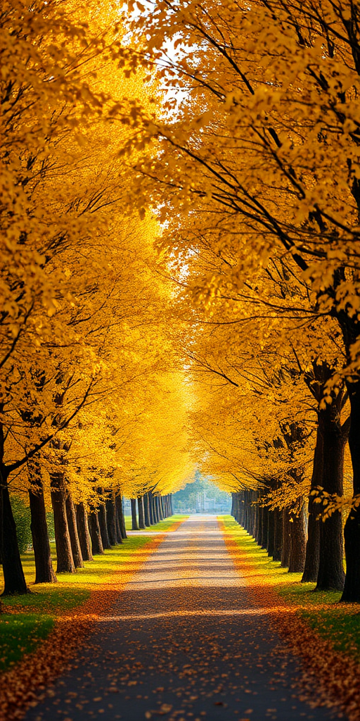 autumn tree-lined path with vibrant yellow leaves, soft morning light, shallow depth of field, f/2.8 aperture, 50mm lens, ISO 100, DSLR camera, landscape orientation, high resolution