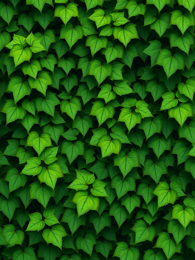 Create a high-resolution illustration of lush green ivy vines with detailed leaves, featuring a DSLR camera setting of f/2.8 aperture, ISO 100, 50mm lens, shot from a slight overhead angle to capture depth and texture.