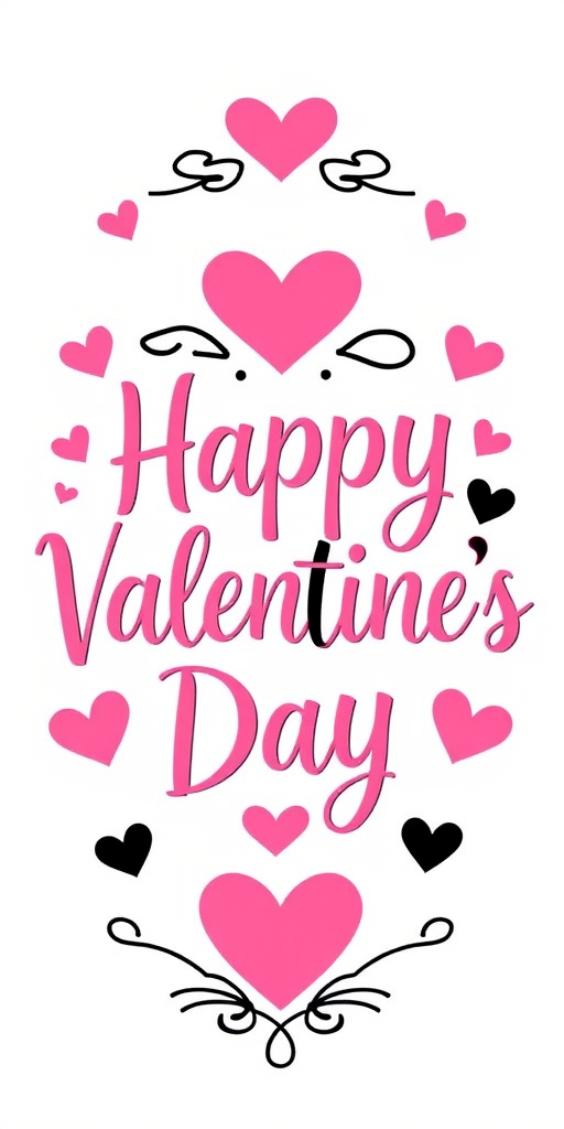 Create a high-quality digital illustration of a festive Happy Valentine's Day graphic featuring bold lettering in pink and black with decorative elements like hearts, using a Canon EOS R5 camera, 50mm lens, f/1.8 aperture, captured in natural light from a soft angle for vibrant colors and details.